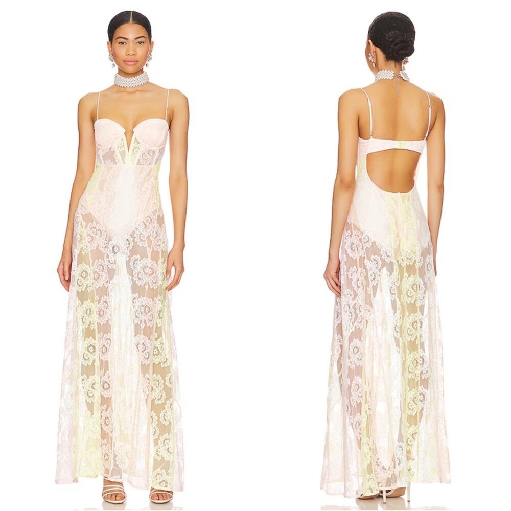 FOR LOVE & LEMONS Blossom Floral Lace Sheer Multi Pink and Yellow Dress Sz XXS